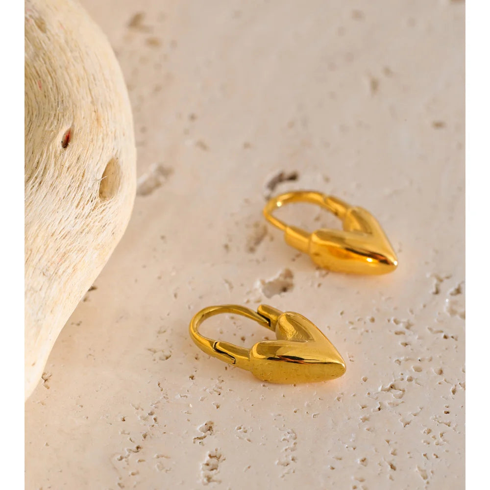 Yhpup 18K Golden PVD Plated Stainless Steel Heart Love Cast Hoop Earrings Anti Allergic Metal Texture Daily Fashion Jewelry Gift