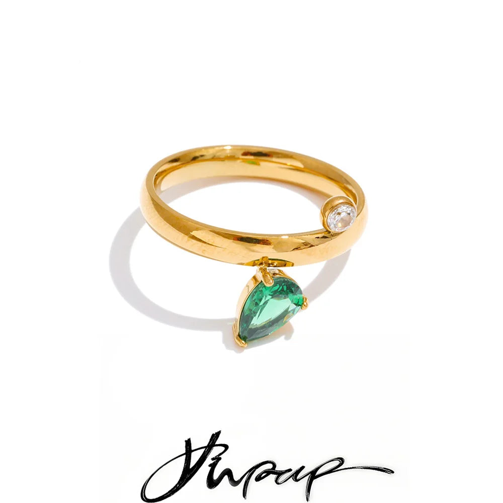 Yhpup Size 678 High Quality Stainless Steel Green CZ Zirconia Chic Korean Ring Fashion Exquisite Polished Smooth Finger Jewelry