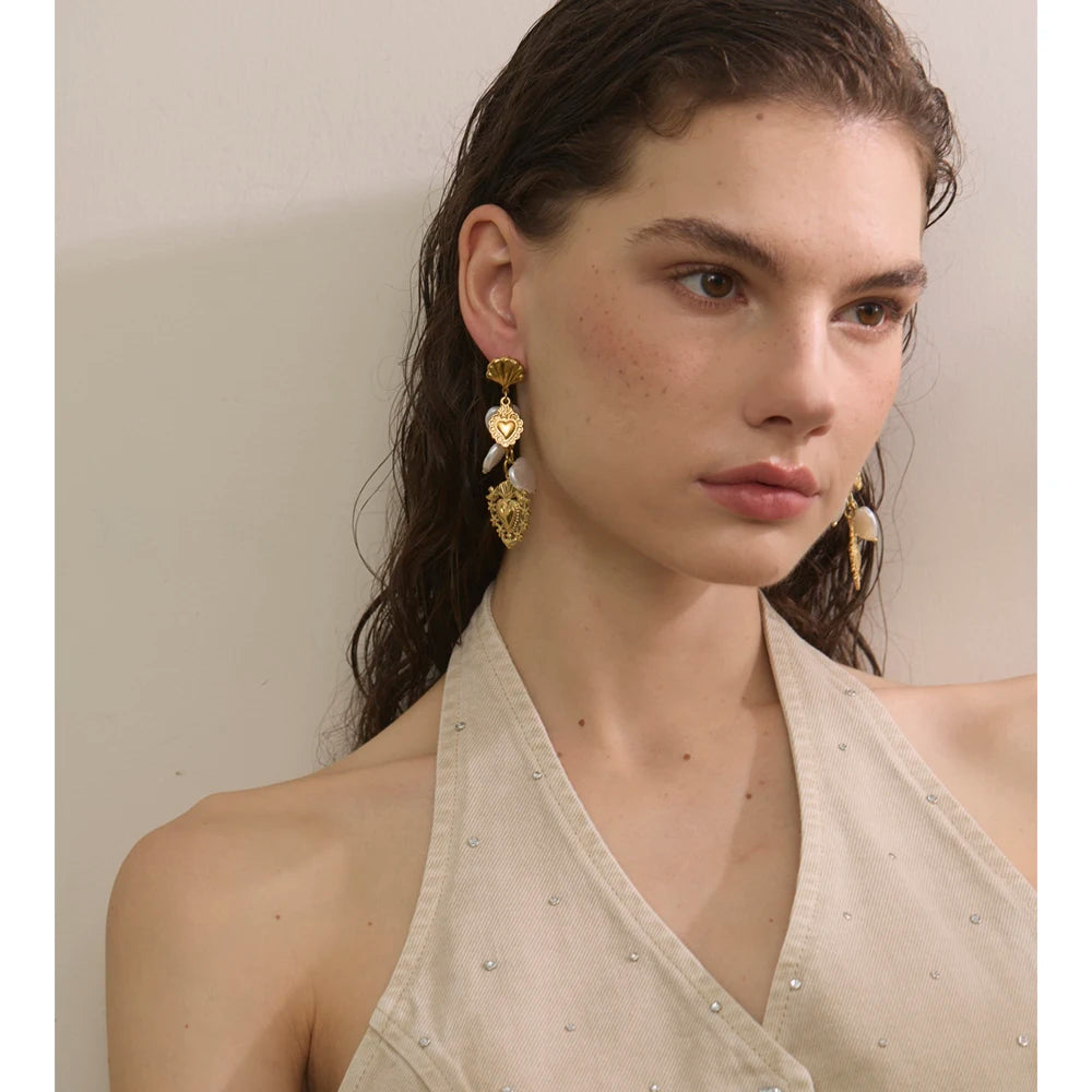 Yhpup Baroque Imitation Pearls Heart Love Drop Dangle Manual Earrings Golden PVD Plated Stainless Steel Charm Statement Jewelry