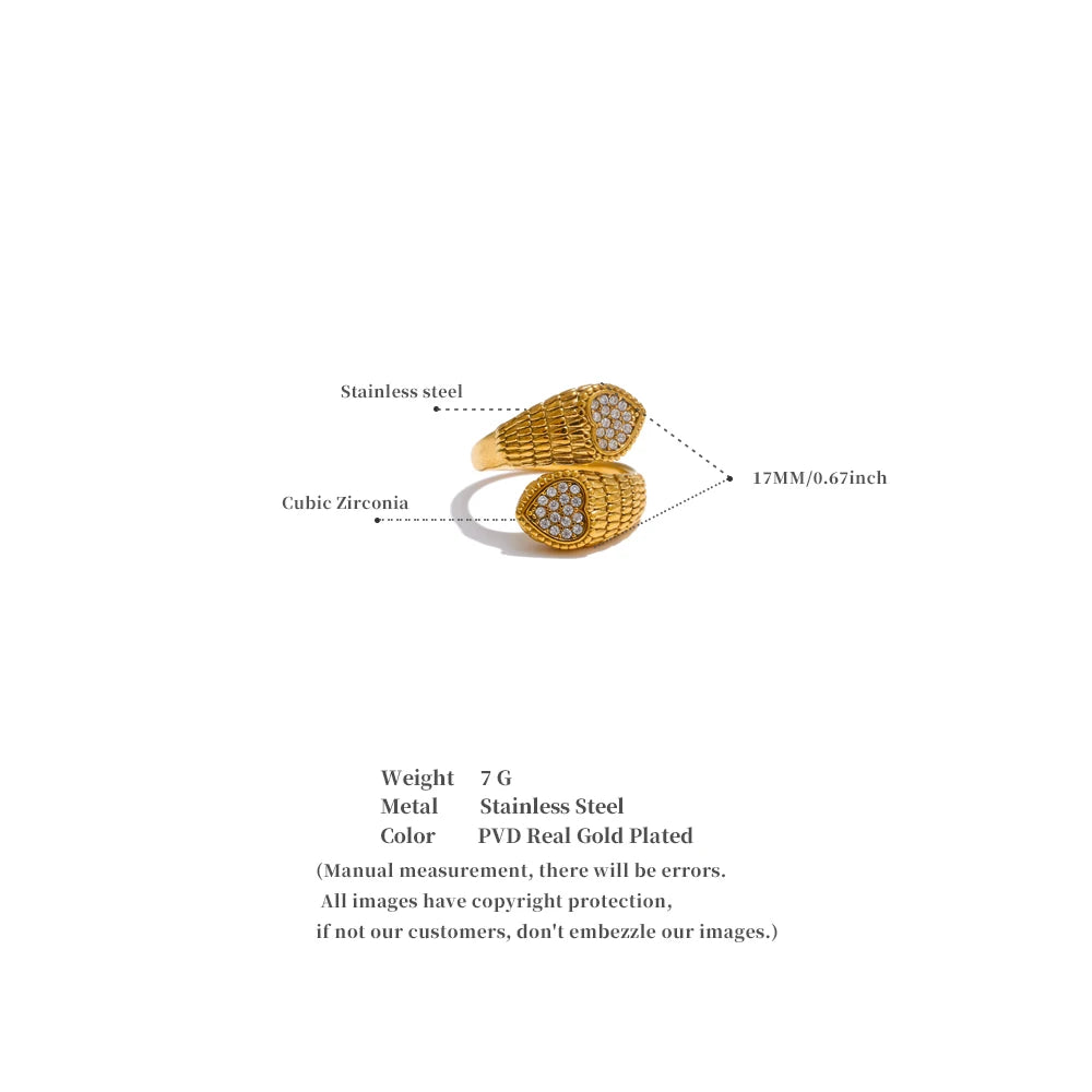 Yhpup Stylish Adjustable Stainless Steel Zirconia Heart Snake Ring for Women 18K PVD Plated Jewelry New