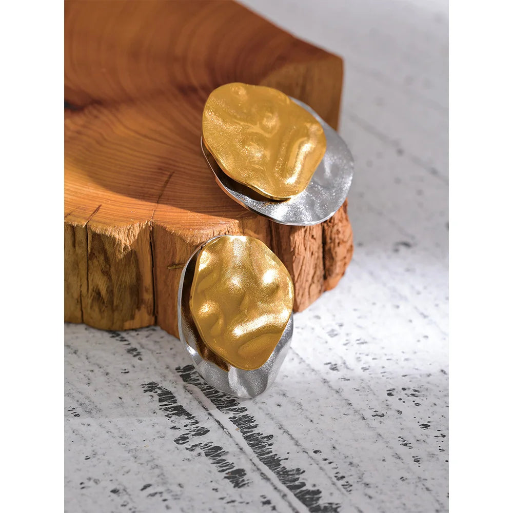 Yhpup Double Color Stainless Steel Metal Geometric Round Stud Earrings Women Daily Wear Jewelry Pendientes De Acero Inoxidable