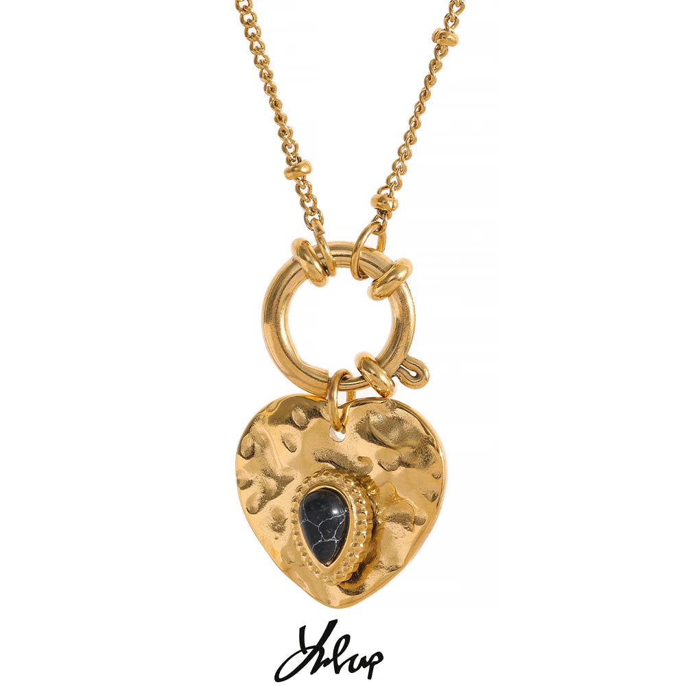 Yhpup Charm Vintage Metal Heart Pendant Stainless Steel Necklace Golden Chain Collar Fashion France Trendy Jewelry Bijoux Women