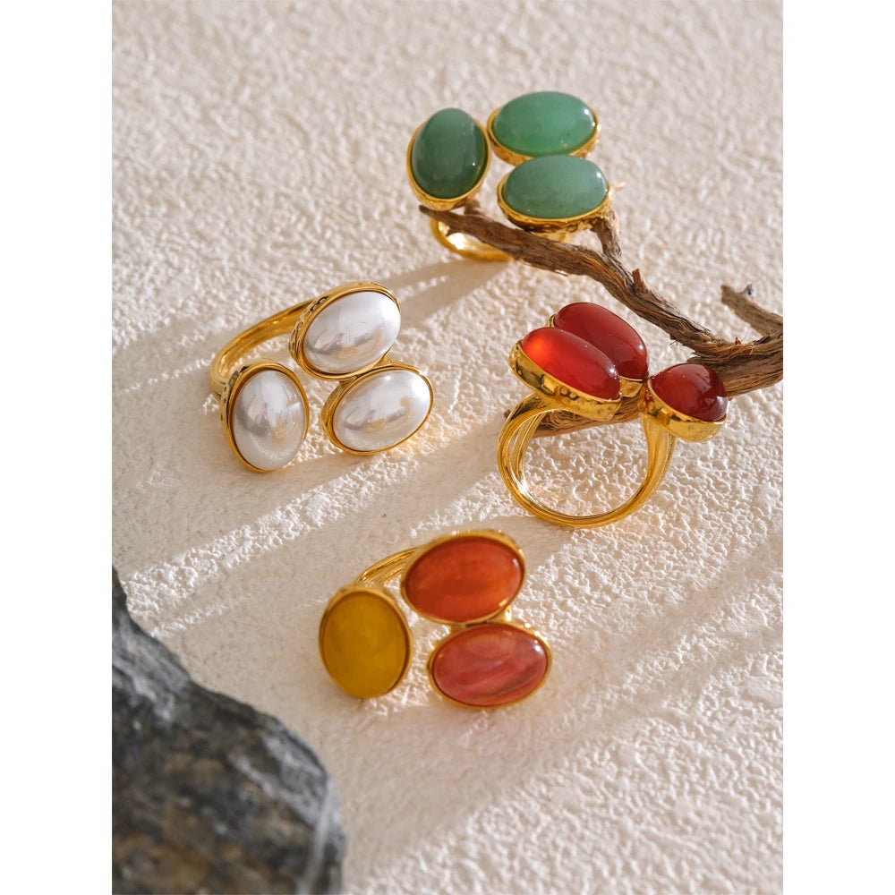 Yhpup Natural Aventurine Agate Stone Shell Pearl Flower Adjustable Ring Fashion Stainless Steel Charm Finger Jewelry Accessories