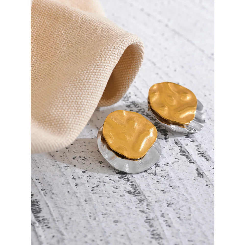 Yhpup Double Color Stainless Steel Metal Geometric Round Stud Earrings Women Daily Wear Jewelry Pendientes De Acero Inoxidable