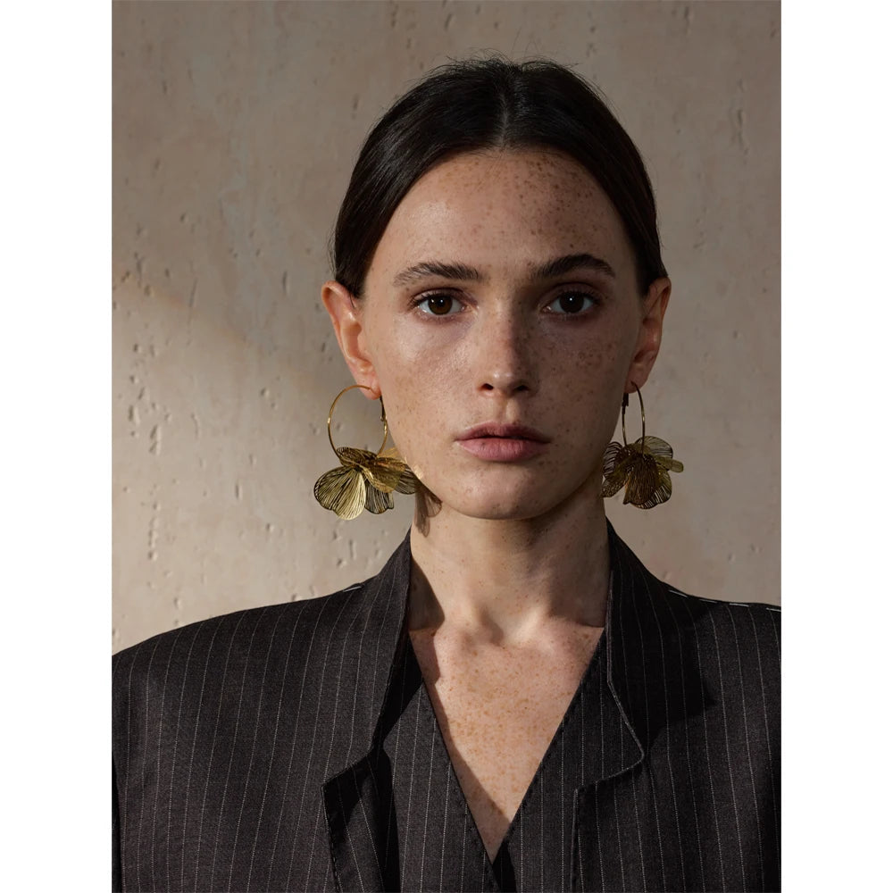 Yhpup Exclusive Design Stainless Steel Metal Flower Big Hoop Earrings Personality Fashion Waterproof Eye-catching Jewelry